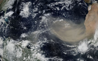 A visualization from space of the “Godzilla” dust storm on June 18, 2020, when desert dust traveled from the Sahara to North America. A UCLA-led study finds that an increase in microscopic dust in the atmosphere has concealed the full extent of greenhouse gases’ potential for warming the planet. Image:   NASA Scientific Visualization Studio