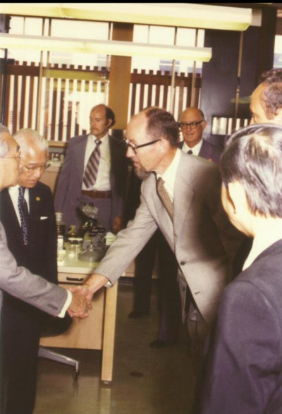 Robert Hessler (right) is introduced to Emperor Hirohito of Japan at Scripps Oceanography in 1975