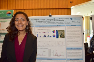 A young woman stands near a research poster