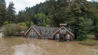 A hotel flooded by a river