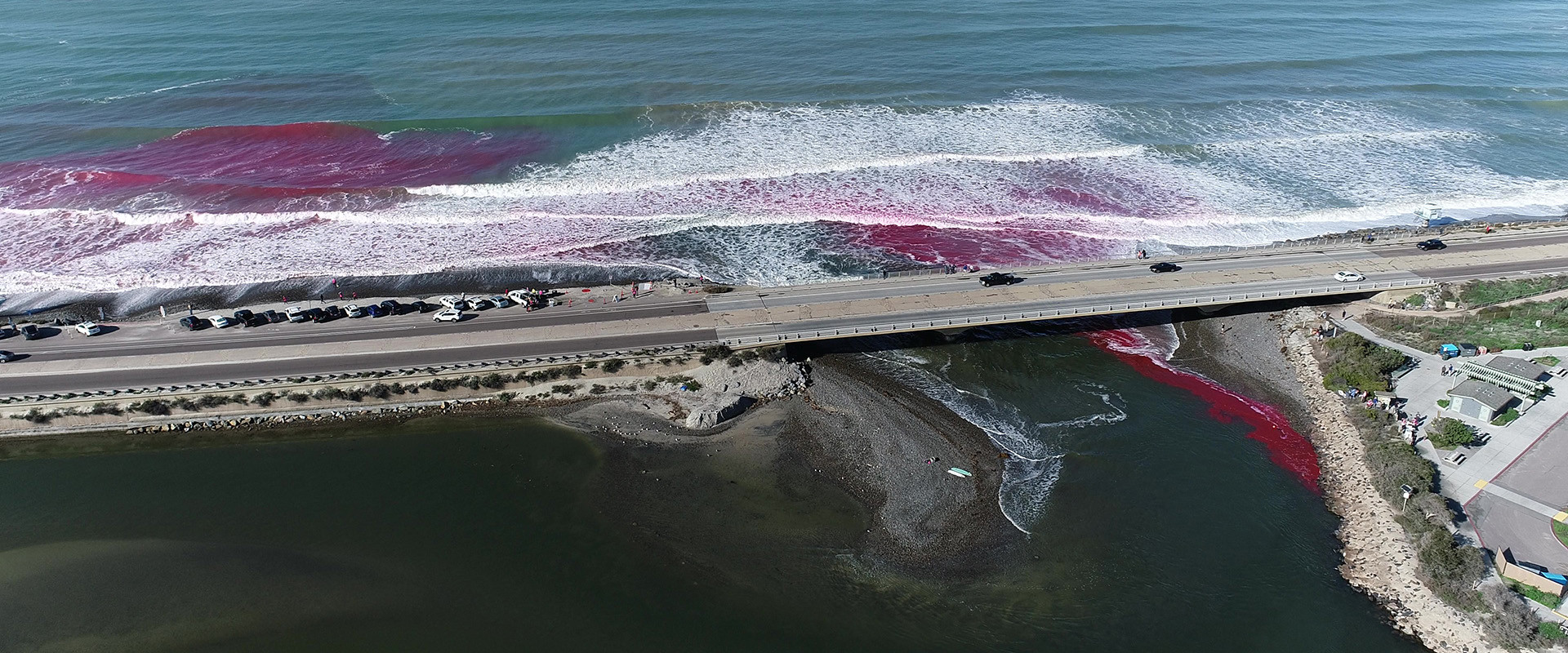 The first pink dye release at Los Peñasquitos Lagoon resulted in visible pink waves and seawater at Torrey Pines State Beach. Photo: Alex Simpson