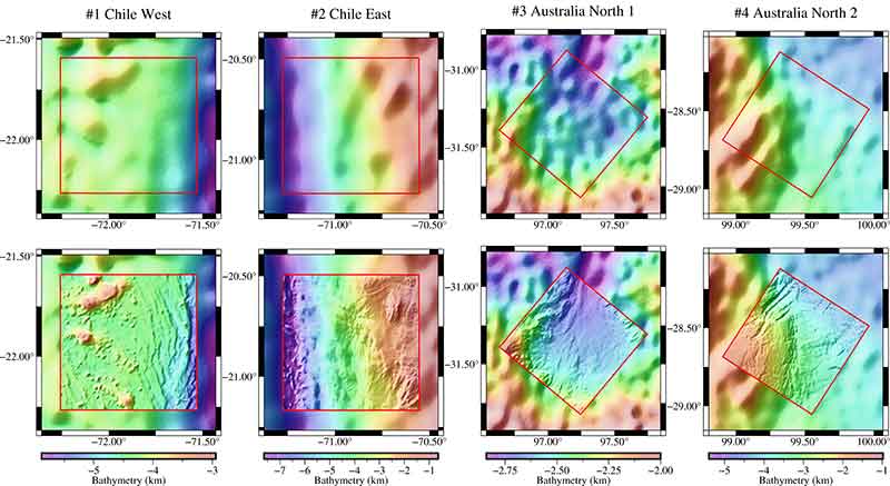 Ein Vergleich eines altimetrisch vorhergesagten Bathymetriemodells (oben) und Multibeam-Messungen an Bord von Schiffen (unten) in vier verschiedenen Regionen zeigt, dass das auf Altimetrie basierende Modell die feinskaligen Merkmale der realen Bathymetrie nicht erfassen kann.