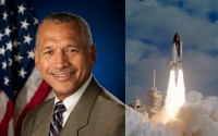 A portrait of astronaut Charles Bolden and an image of a shuttle departing Earth