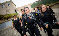 A group of students in diving gear walk towards the beach.