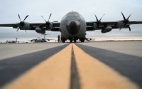 A WC-130J Super Hercules aircraft from the 53rd Weather Reconnaissance Squadron sits on the flightline prior to an atmospheric river mission Jan. 28, 2020 at Travis Air Force Base, Calif. The Hurricane Hunters performed “AR recon” from January through March 2020.