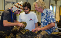 From left, UNAM researchers Miche Martini and Jose Duque examine dredged rocks with Scripps' Peter Lonsdale during 2012 cruise
