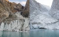 Photo of Dickson Fjord landslide site taken Aug. 12, 2003 (left) and Sept. 19, 2023, three days after the event.