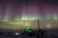 Aurora australis and a laser beam from the High Spectral Resolution Lidar (HSRL) at the AWARE climate observatory in Antarctica
