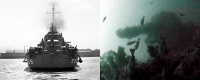 National Archive photo of USS Abner Read at left; Project Recover image of gun turret from stern sunk Aug. 18, 1943, at right.