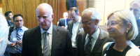 Calif. Gov. Jerry Brown with Scripps Oceanography climate scientist V. Ramanathan at UC Carbon Neutrality Summit, Oct. 27