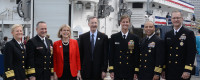 Scripps Director Margaret Leinen is flanked by Navy officials during commissioning of R/V Sally Ride, Oct. 28, 2016