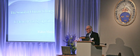 Walter Munk gives his presentation during the Crafoord Prize Symposium in Stockholm, Sweden. Photo credit: Erik Huss