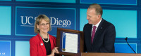 San Diego Mayor Kevin Faulconer presents Scripps Director Margaret Leinen with a proclamation Oct. 28, 2016