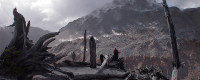 Two men looking across ashy terrain at smoldering volcano.