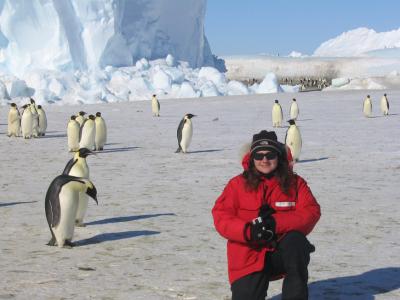 A woman in an icy field with penguins