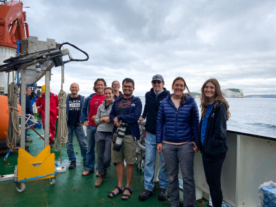 The Scripps team on the back deck of the RSS Discovery as it heads out from Southampton toward Rockall Trough. Left to right: Gunnar Voet, Matthew Alford, Helen Dufel, Sara Goheen, San Nguyen, Mike Goldin, Nicole Couto, Bethan Wynne-Cattanach. Photo: Marie-Jose Messias.