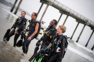 Four divers walk near the shore after a dive.