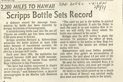 San Diego Union account of Scripps-deployed bottle, 1971