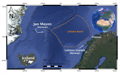 The NORSE study area in the North Atlantic Ocean. Made using QGIS, Google satellite image Landsat/Copernicus