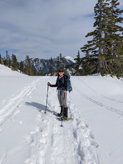 Astrid Hsu snowshoeing in the Pacific Northwest.
