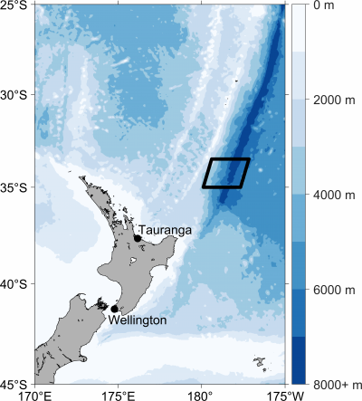 Location of the region sampled (black box) during the research cruise aboard NIWA's R/V Tangaroa