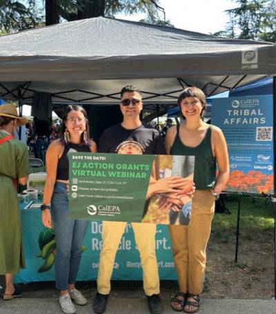 Alt text: 2023 California Native American Day --  (left to right) Jaimie Huynh, CalEPA Deputy Secretary for Environmental Justice, Tribal Affairs, and Border Relations Moisés Moreno-Rivera, and Environmental Justice Grant Manager Chloe Skewis