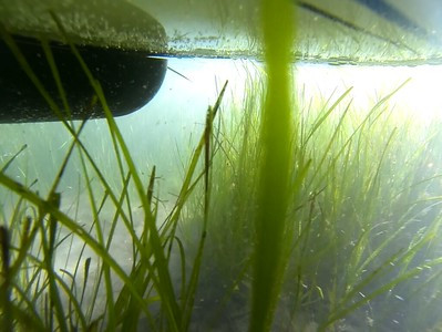 An underwater view of a SUP outfitted with a sensor package
