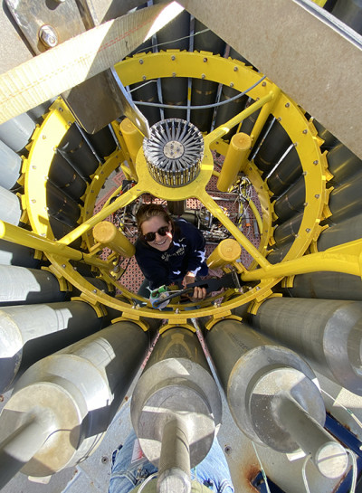 Grace Cawley in the CTD rosette setting up an underwater vision profiler