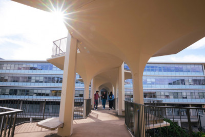 A modern architectural walkway on the UC San Diego campus