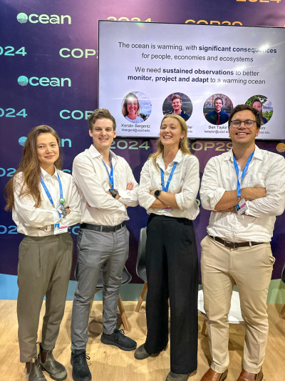 From left to right, Scripps PhD candidates Ella Kim, Mitchell Chandler, Kerstin Bergentz, Benjamin Taylor, at COP29 