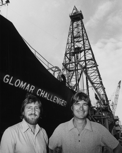 John Sclater (right), co-chief scientist of a Deep Sea Drilling Project leg with fellow chief scientist Christopher von der Borch of Flinders University,  after two months aboard D/V Glomar Challenger to the docks at Colombo, Sri Lanka, 1972