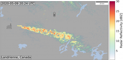 A weather radar image showing a plume of snow downwind of the Rouyn-Noranda copper smelter in Canada. The weather radar is located near Landrienne, Canada.