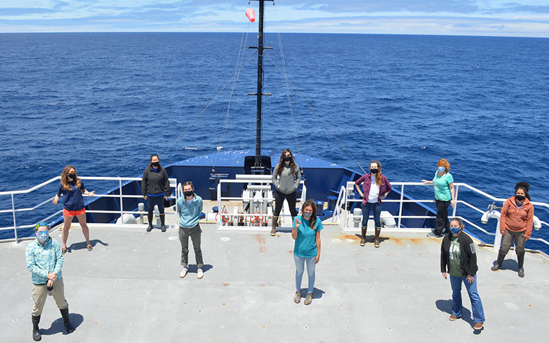 The science party aboard R/V Sally Ride. Laura Lilly is at far left at rear; Angela Klemmedson is fourth from right. 