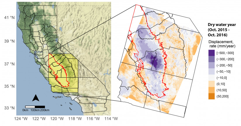 UC San Diego researchers found that between 2015 and 2017, subsidence occurred at much higher rates in irrigated cultivated land compared to undeveloped land, and in dry surface water-limited years relative to wet years.