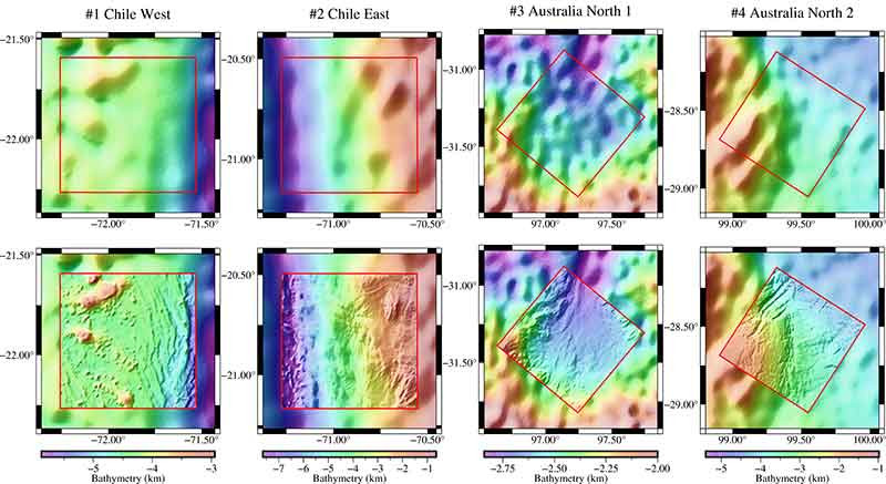 A comparison of an altimetry-predicted bathymetry model (top) and ship-board multibeam measurements (bottom) in four different regions show the altimetry-based model cannot capture the fine-scale features of the real bathymetry.