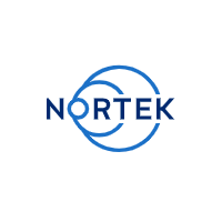 Nortek Group's logo, a blue all capital NORTEK with circles connecting O and T and O and K