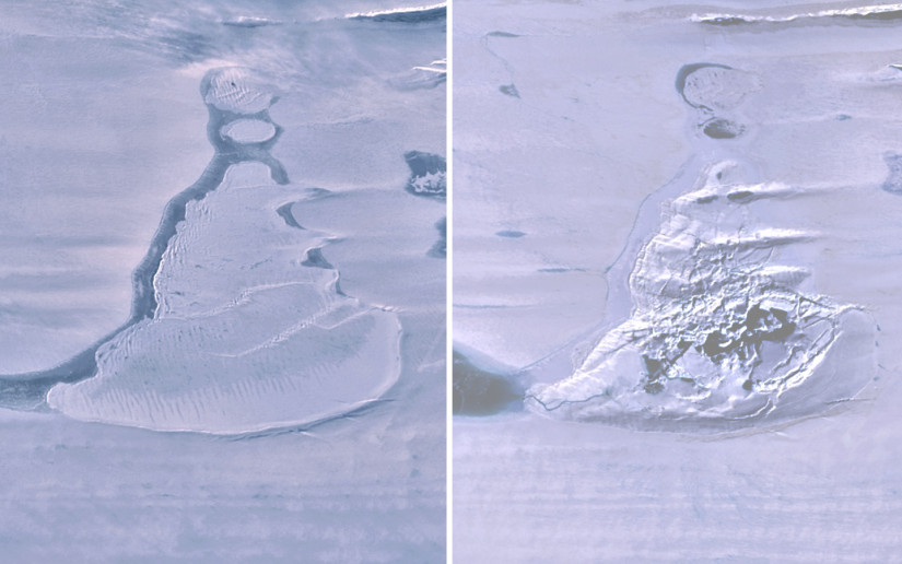 Before and after the ice-covered lake in Antarctica drained 