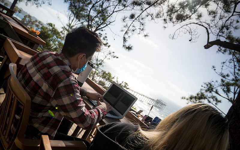 Student works on laptop overlooking the ocean, with Scripps Pier in background.