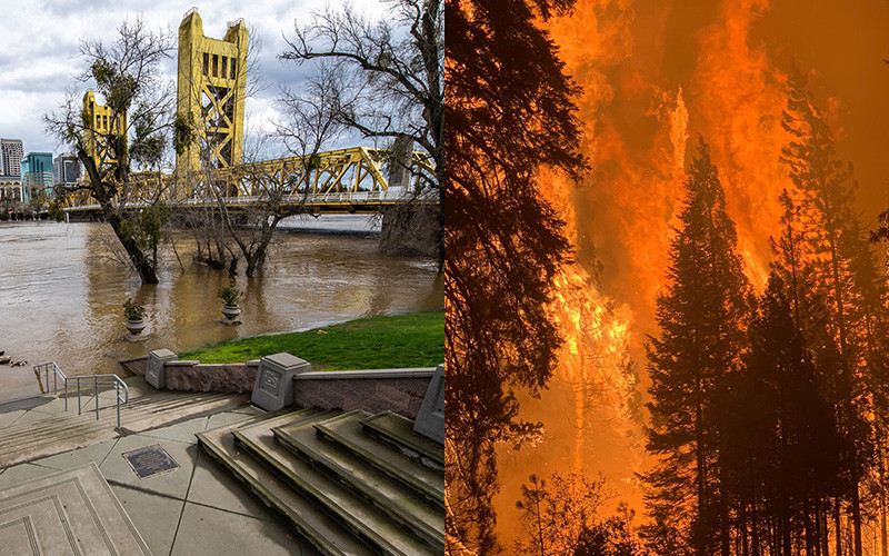 Post-atmospheric river flooding in Sacramento, 2019. Caldor Fire, 2021