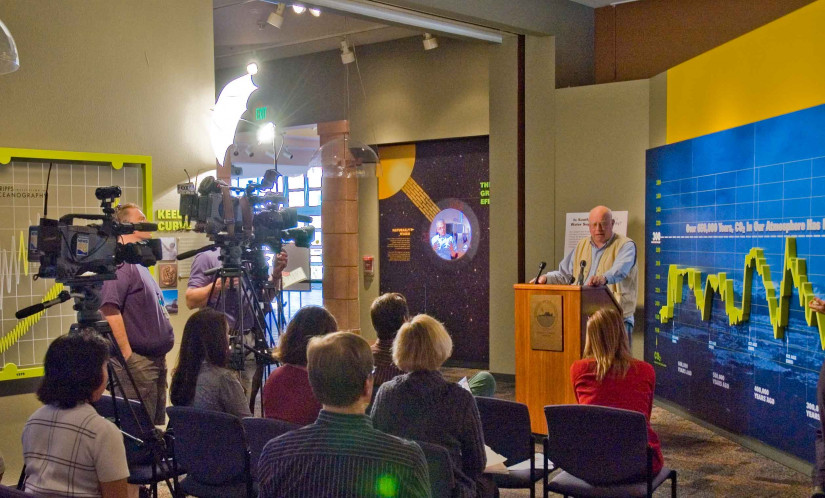 Scripps scientist Tim Barnett addresses the media after releasing findings predicting a shortfall of water in Lake Mead, 2008