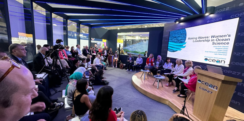 Scripps Oceanography Margaret Leinen (with microphone) and other female ocean science leaders address audience in the Ocean Pavilion at COP27 Nov. 15. 
