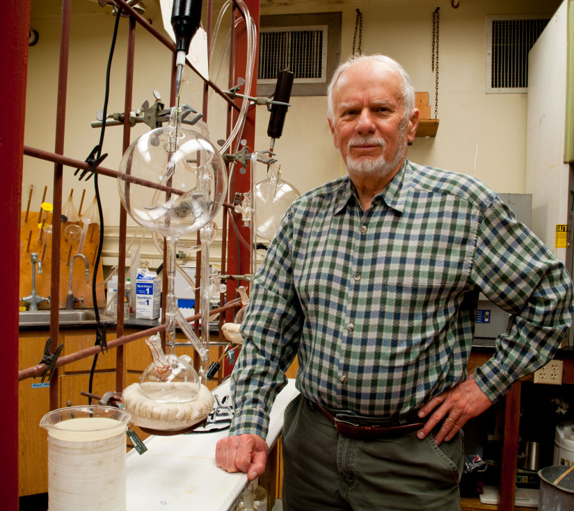Emeritus Scripps Oceanography marine chemist Jeffrey Bada in his laboratory with instruments used to replicate the origin of life on Earth, 2011.