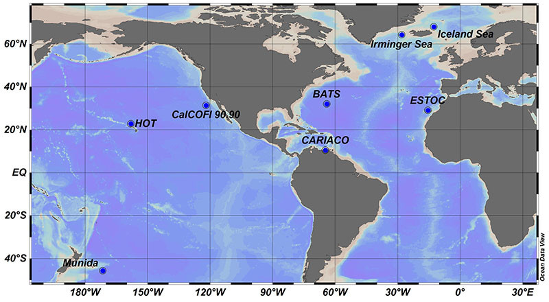 A map of the world with 8 seawater sampling stations pinpointed