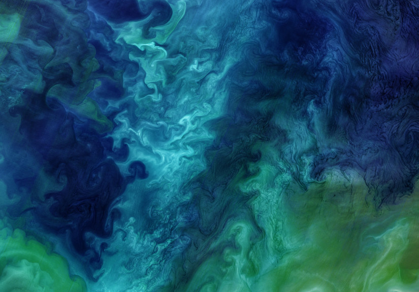  Landsat 8 recorded this turbulent ocean color field just northeast of the Bering Strait in the Chukchi Sea on June 18, 2018. Image: NASA