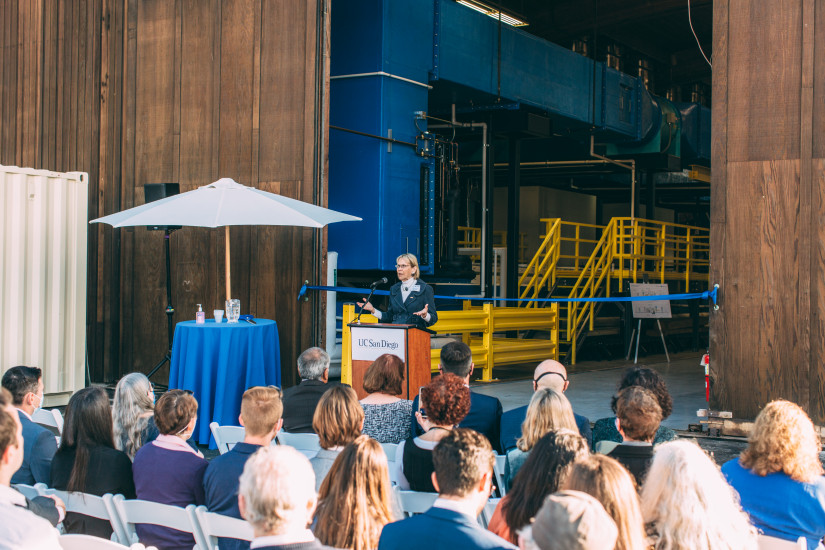 Margaret Leinen speaking at a ribbon cutting event 