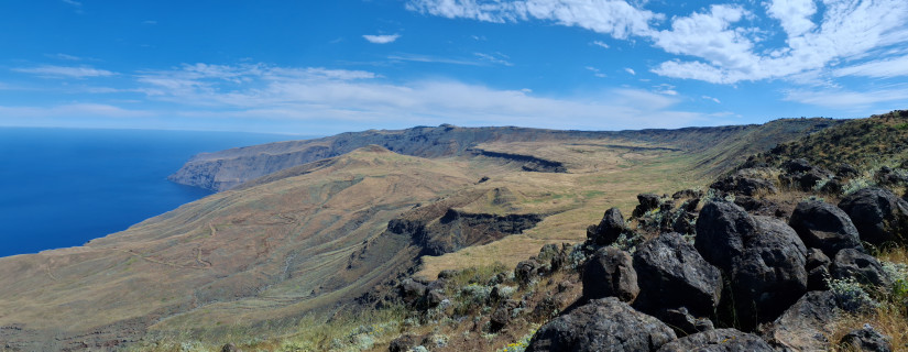 Northern shield volcano and collapsed volcanic caldera on Guadalupe Island, looking southeast. Opening to the Pacific ocean (left) is due to an ancient volcanic landslide that removed the eastern part of the volcano.