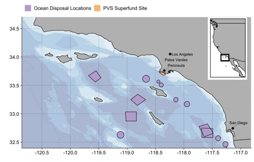 The Palos Verdes Shelf superfund site (orange shaded area) and 13 known deep ocean disposal locations (purple shaded areas) for the DDT producer Montrose Chemical Corporation.