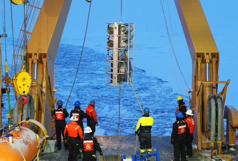 An acoustic sound source manufactured at the Marine Science Development Center (MSDC) at Scripps for researcher Matt Dzieciuch being deployed in the Arctic Ocean.