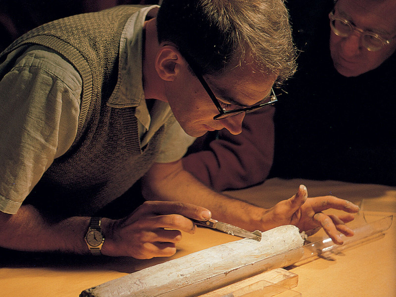 William Riedel examines a core during 1961 Project Mohole
