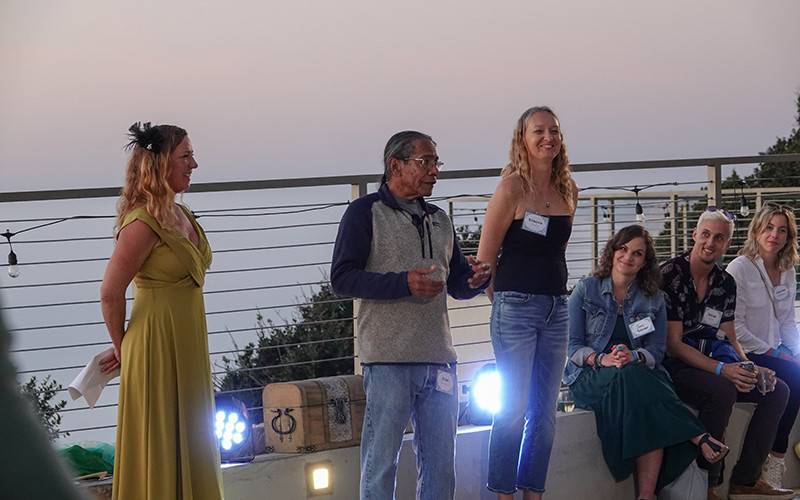 Hosts welcome attendees, with a special invocation from Stan Rodriguez, local Kumeyaay tribal and community leader and UC San Diego alum. Left to right: Jen Smith, Simona Aguyte (California Seaweed Festival), and Stan Rodriguez. Photo: Kelly Tseng